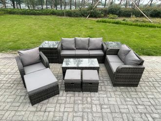 Fimous High Back Rattan Garden Furniture Set w/ Loveseat Sofa Rectangular Coffee Table 2 Side Tables 3 Footstools Indoor Outdoor Patio Lounge Sofa