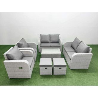 Fimous 8 Seater Outdoor Reclining Chair Love Sofa Set Rattan Garden Furniture Set with Rectangular Coffee Table 2 Stools Light Grey - Fimous