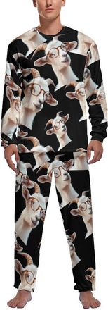 Generic White Goat With Glasses Mens Pyjama Sets Long Sleeve Crewneck Tops & Sleepwear Pants Loungewear Outfits