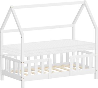 ML Design Ml-design Cama Infantil 70x140cm Blanco, Con Colch&oacute;n, Protecci&oacute;n Antica&iacute;da, Techo Y Somier, Listones De Madera De Maciza De Pino Lecho Montessori Form