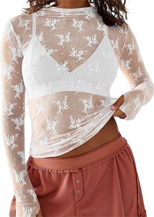Generic Womens Floral Lace Thumb Hole Sheer Tee, Party Club Night Lace Blouse, Long Sleeve Mesh Top Mock Neck Sheer Blouse (White,Small)