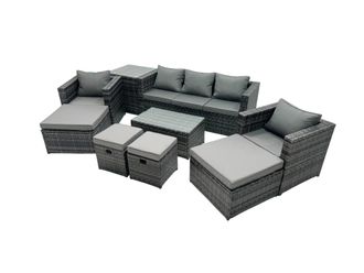 Fimous Outdoor Coffee Table Sofa Set with Side Table 2 Small Footstools in Dark Grey