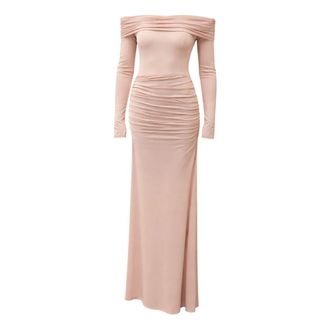 Aniye By Gowns, female, Beige, Size: L Abito lungo con scollo sulle spalle con trasparenze