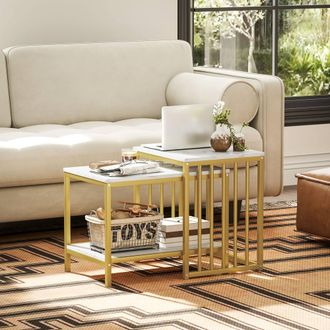 STILVORA 2 Piece Nesting Coffee Table Set with Shelf & Steel Frame in Gold