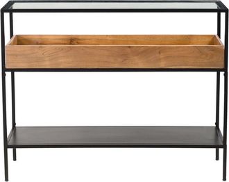 Miliboo Mesa Consola De Metal Negro Con Tablero De Cristal Y Estante De Madera Maciza 100 Cm Haora
