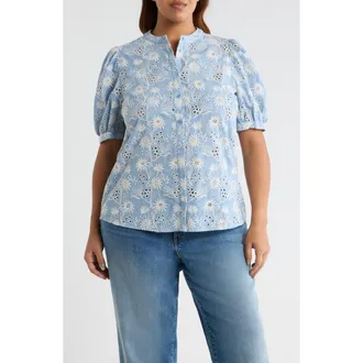 Sugarlips Moonflower Eyelet Embroidery Woven Shirt in Light-Blue at Nordstrom, Size 3 X