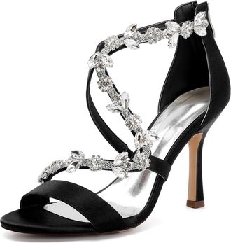 Generic Womens High Heel Sandals Open Toe Satin Crystal Stiletto Wedding Shoes for Bride Formal Prom Party Dress Shoes Pump 9.5Cm,Black,10 UK