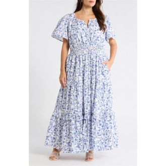 Sugarlips Francine Toile Fabiola Ruffle Maxi Dress in White Blue at Nordstrom, Size 1 X