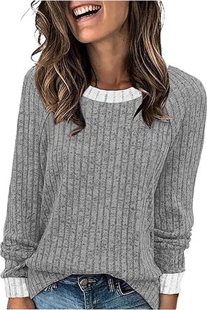 Generic Womens Jumpers Crew Neck Long Sleeve Tops Ladies Ribbed Knitted Top Casual Tunic Sweatshirts Pullover Sweaters Thin Comfort Lightweight Jumper Knitwea