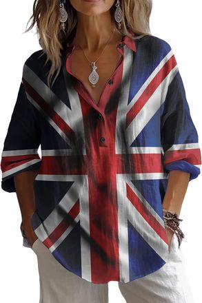 Generic Womens Union Jack Long Sleeve Shirt, Great Britain Flag Print, Button Down Casual Top (UK, Alpha, M, Regular, Regular, 2)