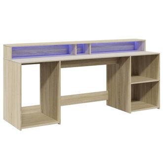 Berkfield Home Soft Desk with LED Lights Sonoma Oak 200x55x91 cm Engineered Wood in Natural | Size: 200 x 55 x 91 cm