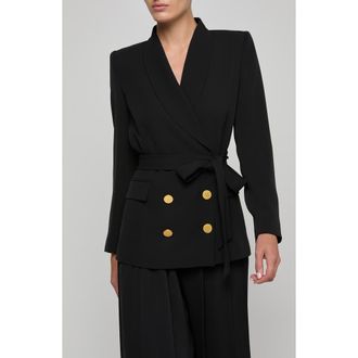 L'agence Aven Wrap Tie Waist Double Breasted Blazer in Black at Nordstrom, Size 10