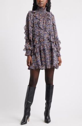 Treasure & Bond Metallic Mock Neck Long Sleeve Chiffon Minidress in Navy Butterfly Abstract at Nordstrom Rack, Size Medium