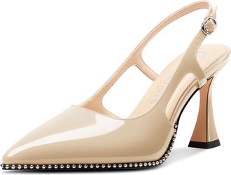 Castamere Womens Slingback Chunky High Heels Close Pointed Toe Dressy Pumps Wedding Party Shoes 9 CM Heels Nude 6.5 UK