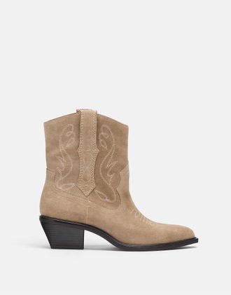 Stradivarius stivaletti cowboy con tacco in pelle beige-Neutro