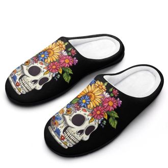 Generic Flower Skull Womens Slippers Warm House Slippers Indoor House Shoes with Anti-Skid Rubber Sole