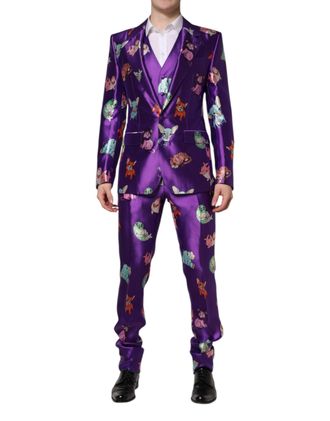 Dolce & Gabbana Mens Purple Silk Animal Print 3 Piece Suit