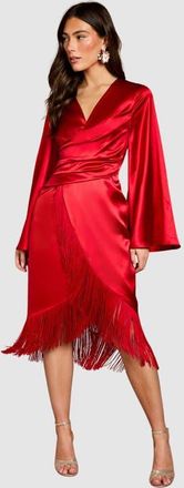 Coast Satin Fringed V-Neck Wrap Dress in Red at Nordstrom, Size 10