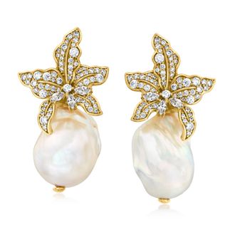 Ross-Simons Italian 13-18mm Baroque Pearl and CZ Flower Earrings in 18kt Gold Over Sterling