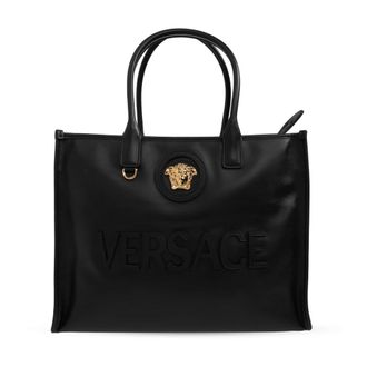 Versace Tote Bags, female, Black, Size: ONE SIZE La Medusa Leather Tote