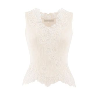 Ermanno Scervino Sleeveless Tops, female, White, Size: S Ribbed Lace-Embroidered Top
