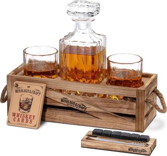 Zulay Kitchen Whiskey Decanter Gift Set - 10oz Crystal Whiskey Glasses, Wood Stand & 6 Granite Whiskey Stones