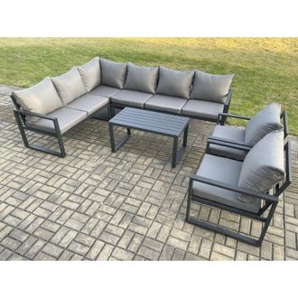Fimous Fimous Aluminium Garden Furniture Set Outdoor Indoor Lounge Corner Sofa 2 Pcs Chair Oblong Coffee Table Sets Dark Grey 8 Seater