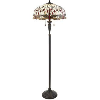 Loops 1.5m Tiffany Twin Floor Lamp Dark Bronze & Dragonfly Stained Glass Shade i00012 in Clear