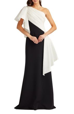 Tadashi Shoji Draped One-Shoulder Mixed Media Gown in White/Black at Nordstrom, Size Xx-Large
