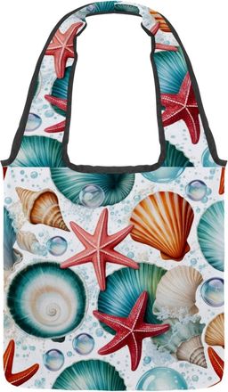 Generic Seashell Starfish Reversible Canvas Shoulder Tote - Double-Sided Print, 12oz Cotton, 27cm Drop, Fold-Flat Bag for Travel, Shopping, Street Outings