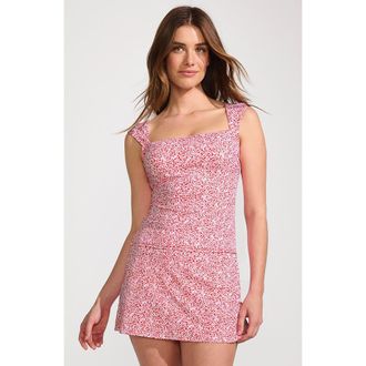 Lands End Plus Size Square Neck Underwire Tankini Top in Coral Rose/white Ditsy Lilies at Nordstrom, Size 24W