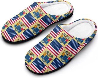 Generic Flag of Usa And New Jersey Mens Slippers Memory Foam Winter Warm Sandals Slip On House Shoes Size 7-14