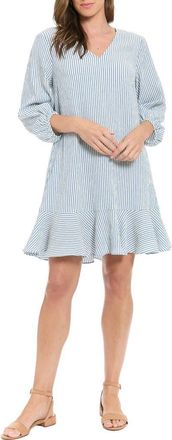 London Times Stripe Puff Sleeve Flounce Hem Shift Dress in Blue/Ivory 5 at Nordstrom Rack, Size X-Small P