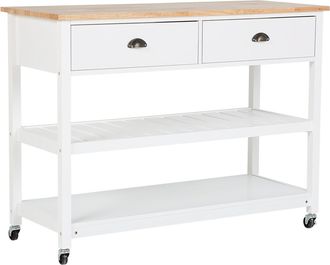 Beliani Carrito De Cocina Blanco Encimera Madera Clara 2 Estantes 2 Cajones Para Cubiertos Ruedas Estilo Moderno Escandinavo Navarino