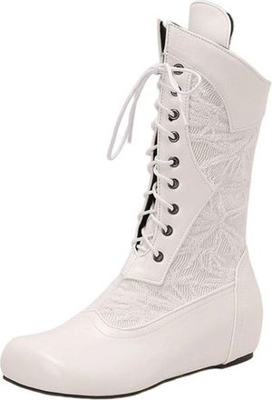 Generic Retro Mid Calf Boots for Women Gothic Victorian Low Heel Lace Up Side Zipper Ankle Booties Retro Medieval Riding Leather Round Toe Flat Booties Comfor