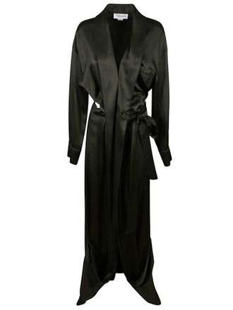 Victoria Beckham Satin-Wrap Gown With Cuffed Sleeves And V-Neckline