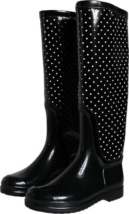 Dolce & Gabbana Womens Black Polka Dot Rubber Knee High Boots Shoes