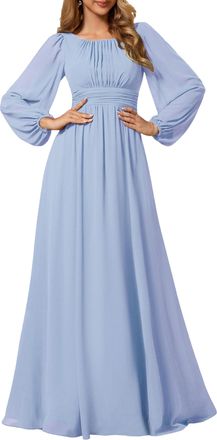 Ever-pretty Womens Dresses Maxi Evening Round Neck A-Line Long Sleeve Bridesmaid Long Dress Ice Blue 22UK