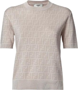 Fendi Round-neck Knitwear, female, Beige, Size: XS FF Wool Crewneck Sweater