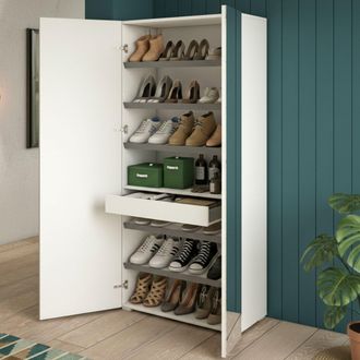 Dmora Zapatero Tarassaco, Mueble Recibidor Multiusos Con Puerta De Espejo, Zapatero Moderno Con 6 Baldas, 100% Made In Italy, Cm 72x37h195, Blanco Y Cemento
