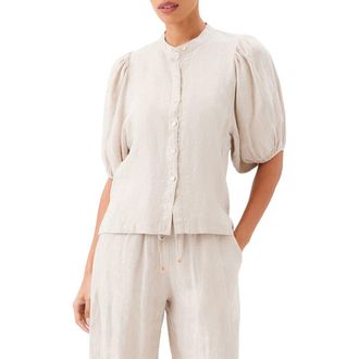 Karen Kane Puff Sleeve Linen Button-Up Top in Oatmeal at Nordstrom, Size X-Large