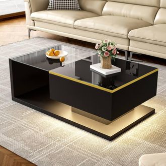 Merax 90cm High-Gloss Coffee Table with Tempered Glass & LED Lights in Black