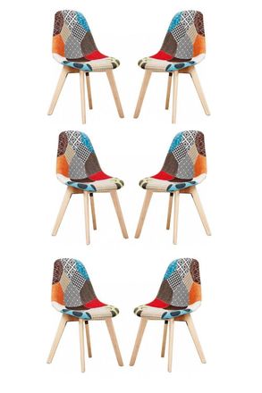 Life Interiors Set of 6 Patchwork Fabric Dining Chairs with Wooden Legs, Mid-Century Modern Accent Chair
