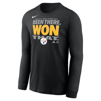 Nike Pittsburgh Steelers 2025 AFC North Champions Trophy Collection Nike Mens NFL Long-Sleeve T-Shirt in Black | NKAC00A7LZ-KZ5