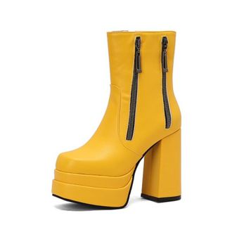 Generic Womens Platform Block Heel Ankle Boots Faux Leather Bold Color Double Zipper Sleek Style Slip On Comfortable Durable For Daily Casual,Yellow,4.5 UK