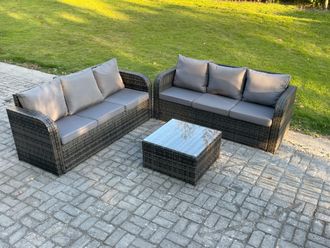 Fimous Indoor Outdoor Rattan Garden Furniture 6 Seater Set Table Sofa Chair Patio Conservatory with Grey Cushions in Dark Grey