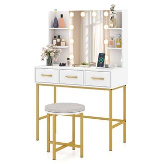 Costway Costway Makeup Dressing Table & Cushioned Stool Set with Mirror & Lights in White