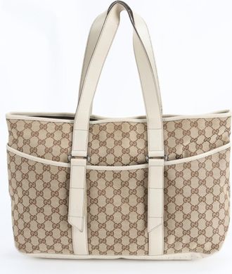 Gucci Beige Leather Canvas Handbag Tote Bag (Pre-Owned)