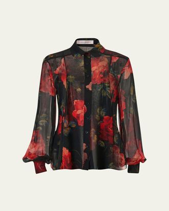 Carolina Herrera Isabella Rose Silk Organza Button-Down Top