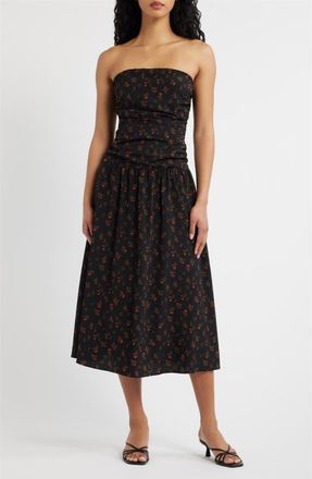 Lulus Molly Floral Print Strapless Midi Dress in Black Floral at Nordstrom, Size X-Small